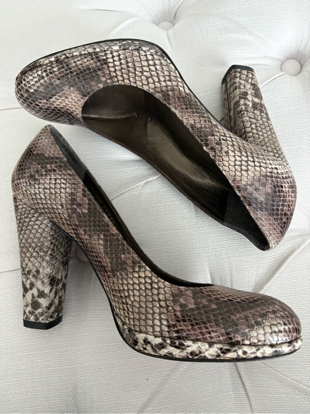 Stuart Weitzman Snakeskin Block Heel Pumps in Brown and Cream